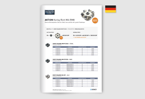 AKTION Korloy Rich Mill RM8 Diverse Wendeplatten-Sets für Stahl, Inox und Alu inkl. gratis Fräskörper. Aktion gültig bis 31.12.2026